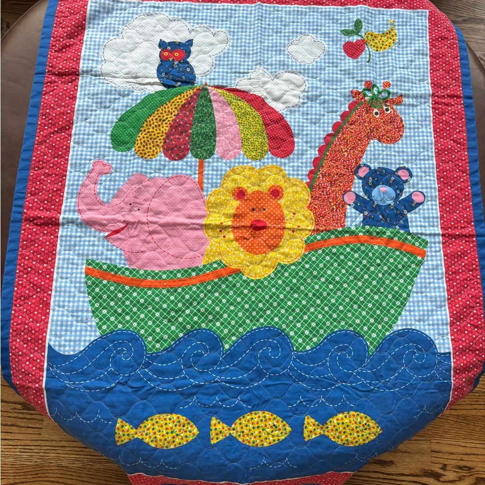 Vintage 1970s Noahs Ark Calico Baby Quilt Blanket by Cranston Print